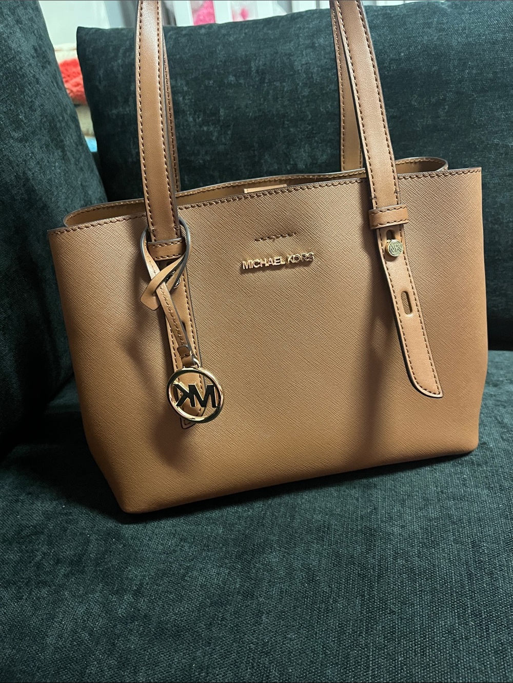 Michael Kors Cognac Saffiano Leather Tote with Logo Charm